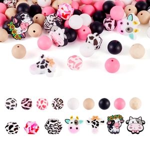 DIY silicone beads kit with cute cartoon cow charms and patterned geometric beads