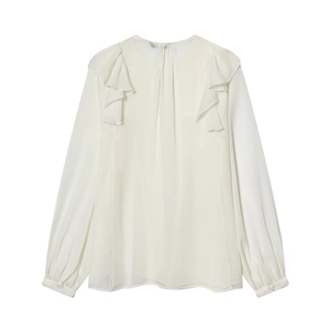 Elegant white long sleeve chiffon blouse featuring ruffled shoulders and a round neck