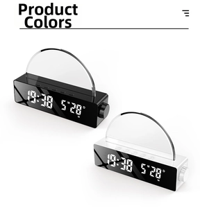 Close-up of LED alarm clock in black and white with a semi-circular light guide panel