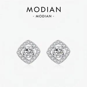 925 Sterling Silver Square Halo Stud Earrings Elegant Rhinestone Geometric Earring For Women OL Daily Commute Jewelry