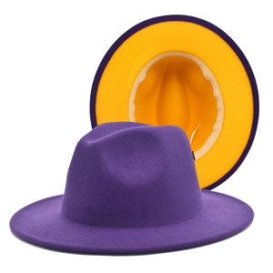 Elegant wide brim fedora hat in purple and yellow two-tone wool blend felt material