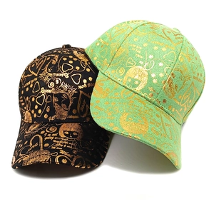Graffiti baseball caps with gold foil patterns in black and green colors