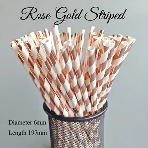 Detail of rose gold striped paper straws measuring 6mm diameter and 197mm length