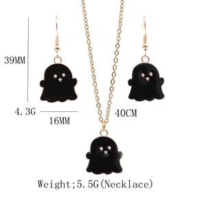 Halloween ghost jewelry set with black enamel pendant necklace and earrings in gold finish