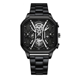 YOLAKO Men's quartz watch with black metal band and large creative square dial