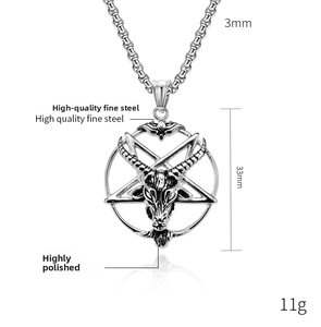 Macro view of high polished stainless steel goat pentagram pendant with fine steel chain