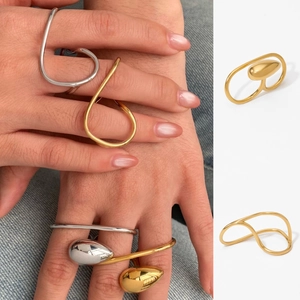 Minimalist 316 Stainless Steel Double Finger Ring Irregular Line Geometric High Polish Adjustable Fashion Jewelry Women