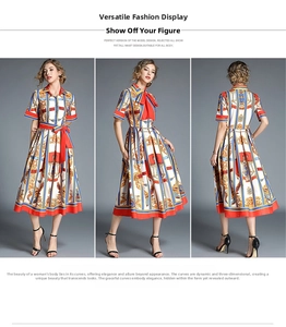 Three-way view of short sleeve vintage dress featuring baroque chain prints and high waist
