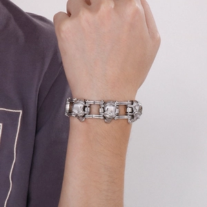 Close-up of rock hip hop skull bicycle chain bracelet in silver stainless steel
