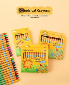 Detail of 8/12/24 color set of non-toxic cylindrical crayons with yellow box and CE logo