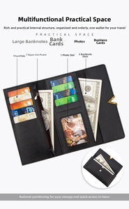 Detail view of the black PU leather wallet's internal multi-card slots and cash compartments