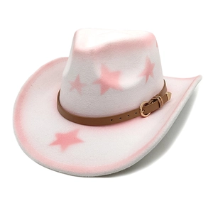 Close-up of pink star patterns and leather belt detail on a western cowboy hat