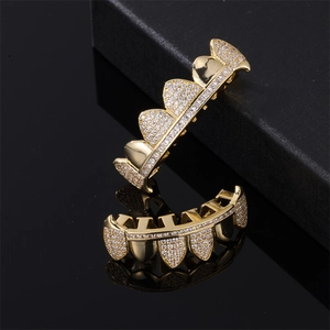 Hip hop gold plated grillz set with full iced out rhinestones on black reflective base