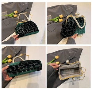 Detailed views of vintage velvet shell bag with gold leopard print and pearl handle