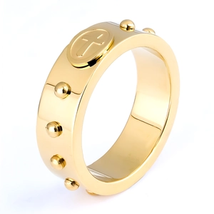 Gold 8mm stainless steel rosary cross ring with embossed beads on white background