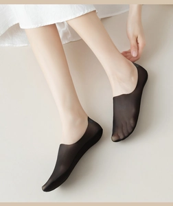 Detail of ultra-thin black ice silk no-show socks showing seamless fit and invisible edge