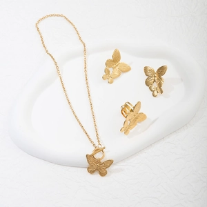 Exaggerated gold stainless steel butterfly necklace earring and ring jewelry set
