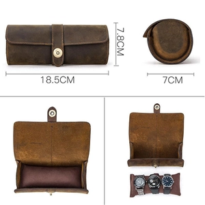Vintage crazy horse leather watch box for three pieces with cylindrical scroll design