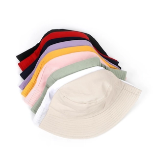 Close-up of embroidered bucket hats in multiple colors with reinforced brim stitching