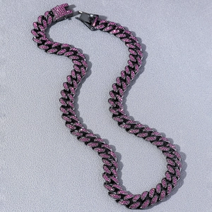 Hip-hop black Cuban link necklace with sparkling pink rhinestones in an S-shape layout