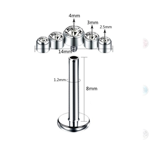 Surgical steel internal thread labret stud with 5-gem arc and technical dimensions
