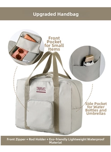 Detail view of foldable travel bag showing back trolley sleeve and waterproof fabric