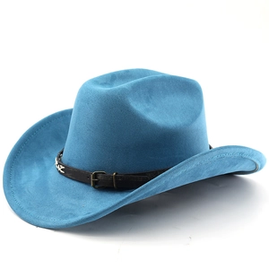 Close-up of a blue suede cowboy hat with vintage leather band and bronze buckle detail