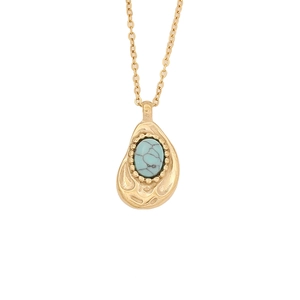 Retro stainless steel necklace with blue turquoise pendant on gold organic setting