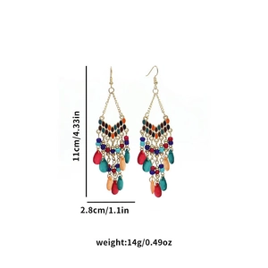 Detailed size specifications of long bohemian beaded tassel earrings with metal chains