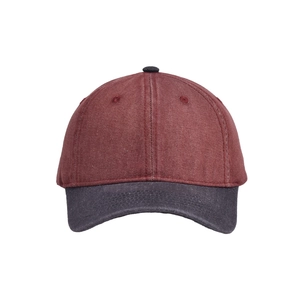 Detail of vintage washed baseball cap showing burgundy crown and grey brim seams