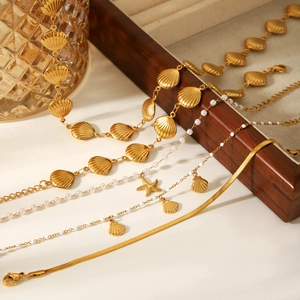 Parure de bijoux en acier inoxydable doré 18k avec coquillage, étoile de mer et perles