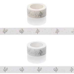 Christmas washi tape with gold and silver foil branch patterns on white background