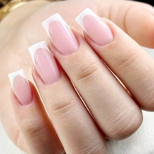 Long Square Press On Nails French Tip Nude Pink White Border Glossy Finish False Nails For Women Daily Manicure