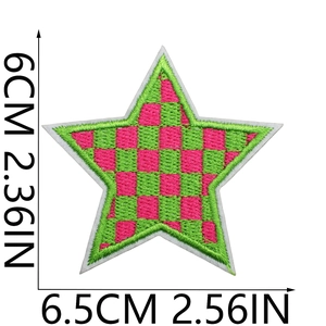 Close-up of star embroidery patch with pink and green checkerboard and size dimensions