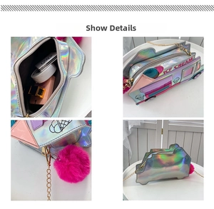Macro view of car-shaped laser bag showing ice cream detail and pompom pendant