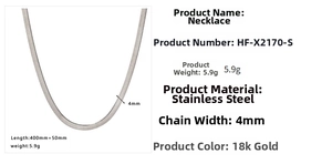 Detailed specs of 4mm silver snake chain necklace in stainless steel with 40cm length