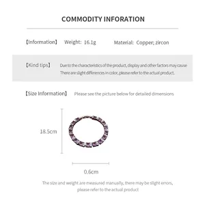 Detailed size chart and weight specifications for the square zircon tennis bracelet