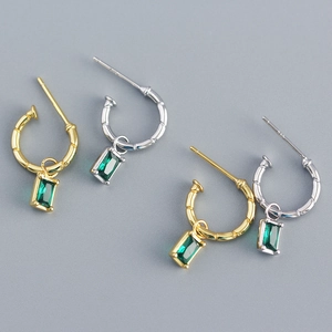925 Sterling Silver Hoop Earrings With Emerald Green Rectangle Zirconia Bamboo Texture Detachable Dangle French Style