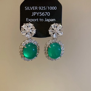 Détail de boucles d'oreilles en argent 925 avec calcédoine verte et zircon fleur