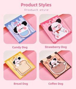 Detailed view of four cute cartoon dog shaped sticky notes in candy and bread themes