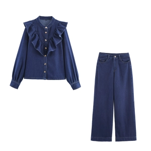 Chemise en Polyester Style Denim Décontracté pour Femme Avec Détail à Volants et Pantalon Large à Taille Haute Top et Bottom
