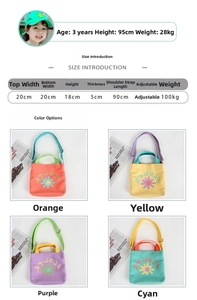 Size chart for children's canvas crossbody bags featuring flower print and dimensions