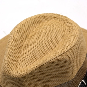 Macro detail of high-quality woven straw hat crown with fine texture and black trim
