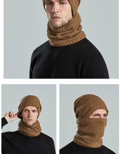 Three-way view of men's coffee brown knitted winter hat and fleece-lined neck warmer set