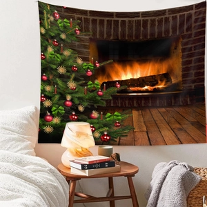 Christmas tree tapestry showing a warm indoor fireplace scene on a bedroom wall decoration