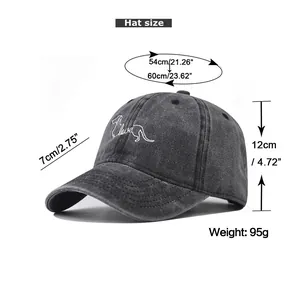 Size chart showing circumference, brim and height of the washed cotton puppy baseball cap