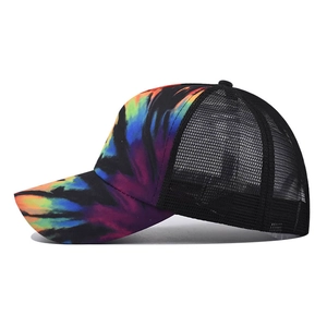 Colorful tie-dye baseball cap with black mesh back and ponytail hole for women
