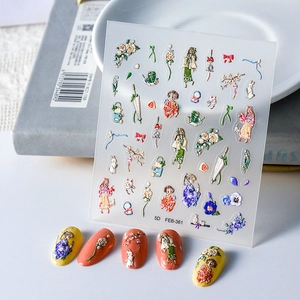 5D Embossed Nail Stickers Japanese Kimono Girl Flower Decals Waterproof Self Adhesive Harajuku Accessories For Women