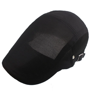 Detail of breathable black mesh beret with adjustable side metal buckle and fine mesh texture