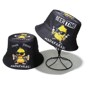 Black sun bucket hat featuring a funny cartoon duck drinking beer with 'BEER TIME' print